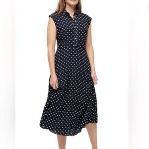JCrew midi shirt dress navy blue polka dots with pleated skirt and collar